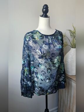 LOFT Navy Floral Sheer Long Sleeve Blouse